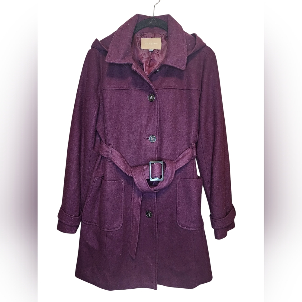 Banana Republic Wool Blend Hooded Belted Trench Coat - Plum - M